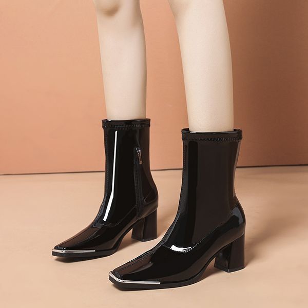 short barrel martin women's 2021 autumn and winter patent leather square head thick heel thin side zipper short boots elastic, Black
short barrel martin women's 2021 autumn and winter patent leather square head thick heel thin side zipper short boots elastic, Black