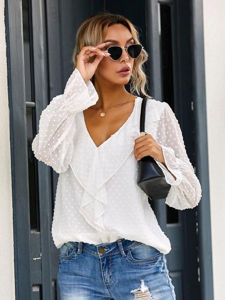 women's blouses & shirts autumn solid color v-neck pullover ruffled lantern sleeve chiffon shirt temperament commuter loose long-sleeve, White
women's blouses & shirts autumn solid color v-neck pullover ruffled lantern sleeve chiffon shirt temperament commuter loose long-sleeve, White