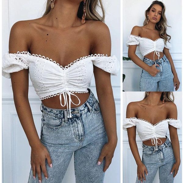 women's blouses & shirts solid color off shoulder slash neck cropped shirt hollow out lace up chest short puff sleeve slim elegant, White
women's blouses & shirts solid color off shoulder slash neck cropped shirt hollow out lace up chest short puff sleeve slim elegant, White