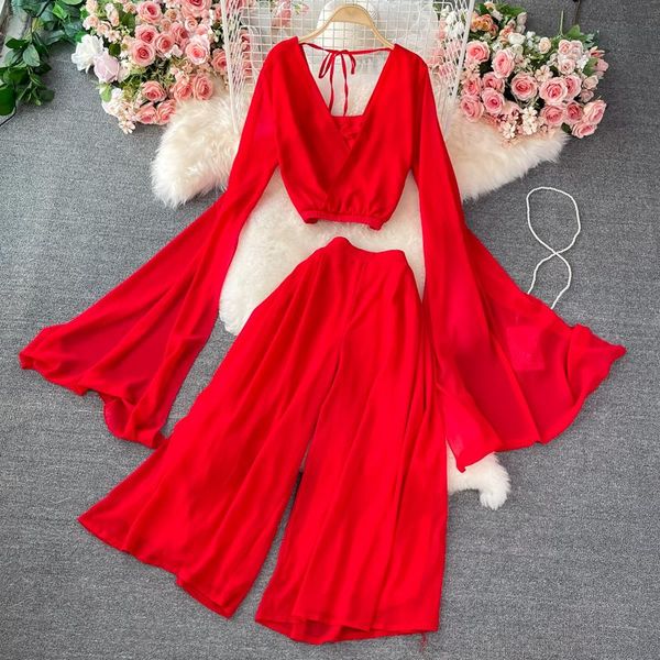 women's two piece pants fashion summer women seaside holiday suit v-neck and wide leg 2021 female solid casual chiffon set, White
women's two piece pants fashion summer women seaside holiday suit v-neck and wide leg 2021 female solid casual chiffon set, White