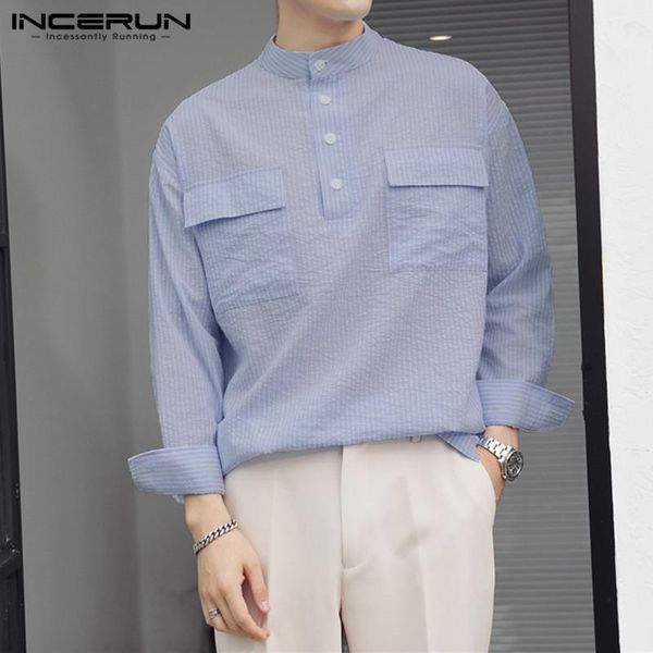 stylish men striped casual shirt stand collar long sleeve loose 2021 pockets streetwear brand shirts chemise men's, White;black 
stylish men striped casual shirt stand collar long sleeve loose 2021 pockets streetwear brand shirts chemise men's, White;black