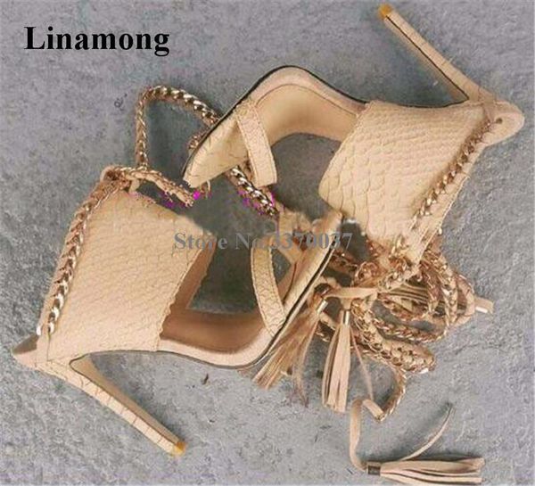women western style open toe pattern leather gold chain thin heel gladiator sandals lace-up tassels high party shoe, Black
women western style open toe pattern leather gold chain thin heel gladiator sandals lace-up tassels high party shoe, Black