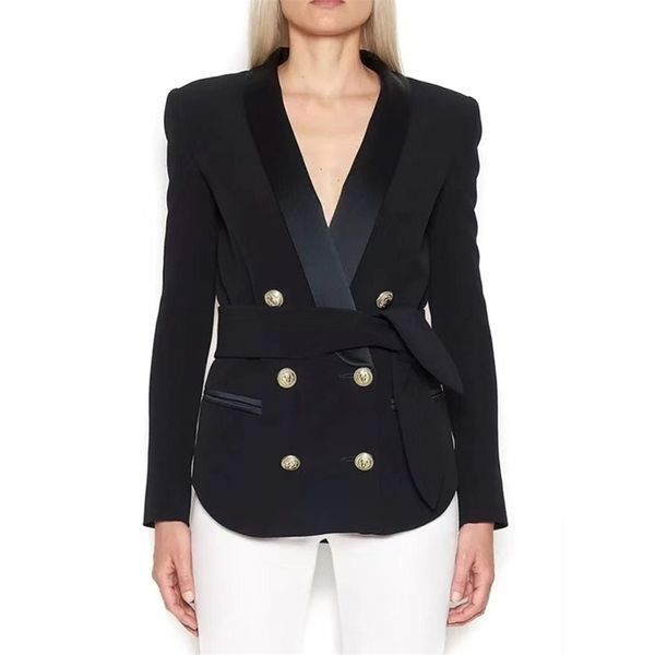 est designer jacket women's elegant double breasted lion buttons lacing belt blazer outer wear 210930, White;black
est designer jacket women's elegant double breasted lion buttons lacing belt blazer outer wear 210930, White;black