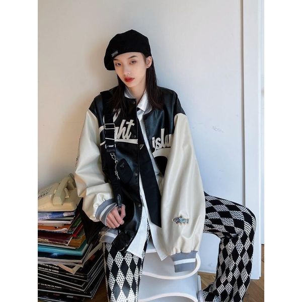 women's leather & faux autumn retro tide brand men and women pu stitching flight jacket ins casual embroidery baseball uniform oversize, Black
women's leather & faux autumn retro tide brand men and women pu stitching flight jacket ins casual embroidery baseball uniform oversize, Black
