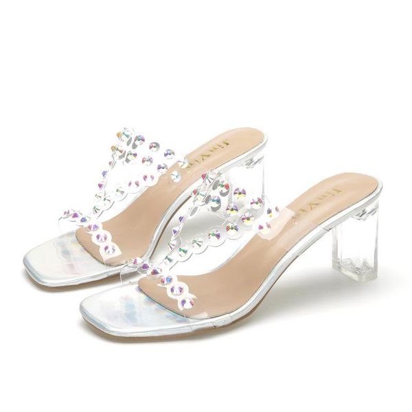women sandals high heels summer shoes pvc slip on 8cm thick square toe rivet shallow black
women sandals high heels summer shoes pvc slip on 8cm thick square toe rivet shallow black
