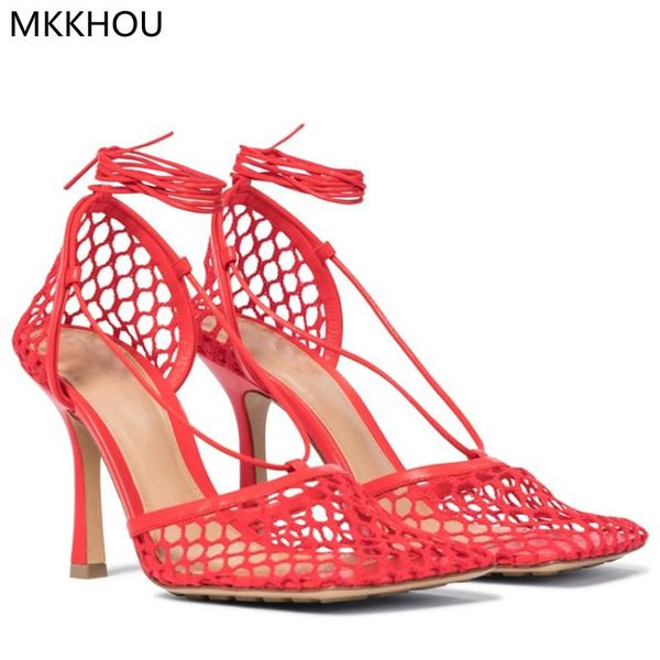 sandals mkkhou fashion women leather hollow flat mouth mesh ankle straps stiletto 10cm high heel summer all-match, Black