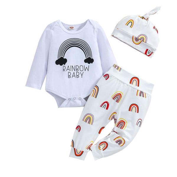clothing sets infant baby girls boys clothes letter long sleeve romper and rainbow print trousers hat spring, White
clothing sets infant baby girls boys clothes letter long sleeve romper and rainbow print trousers hat spring, White