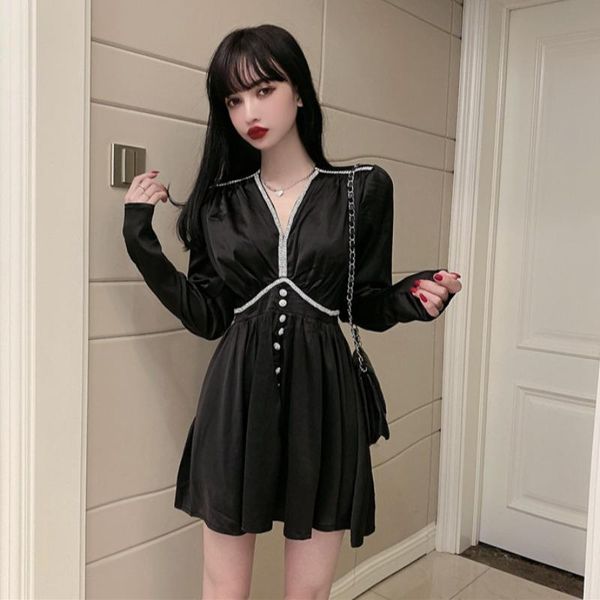 autumn retro high waist v-neck black dress women casual long sleeve blouse nightclub korean style party dresses vestidos, Black;gray
autumn retro high waist v-neck black dress women casual long sleeve blouse nightclub korean style party dresses vestidos, Black;gray