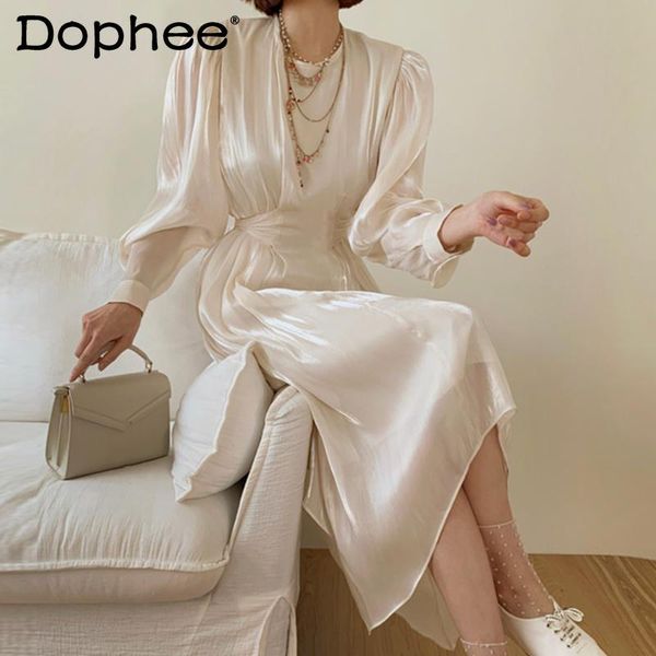 casual dresses korean chic elegant satin lace-up waist pleated maxi for women solid irregular puff long sleeve dress 2021 fall vestidos, Black;gray
casual dresses korean chic elegant satin lace-up waist pleated maxi for women solid irregular puff long sleeve dress 2021 fall vestidos, Black;gray