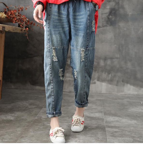 women's jeans hole denim women spring autumn loose vintage patchwork striped elastic waist ankle-length harem pants female fashion tide, Blue
women's jeans hole denim women spring autumn loose vintage patchwork striped elastic waist ankle-length harem pants female fashion tide, Blue