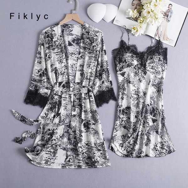 women's sleepwear fiklyc 2022 arrival floral printed 2pieces robe gown pajamas sets lace satin female leisure night sleep bathrobe dres, Black;red
women's sleepwear fiklyc 2022 arrival floral printed 2pieces robe gown pajamas sets lace satin female leisure night sleep bathrobe dres, Black;red
