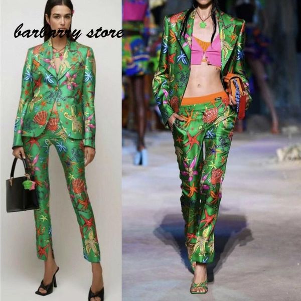 women's two piece pants 2021 luxury design starfish shell printing fashion suit temperament lapel coat + high waist slim all over, White 
women's two piece pants 2021 luxury design starfish shell printing fashion suit temperament lapel coat + high waist slim all over, White