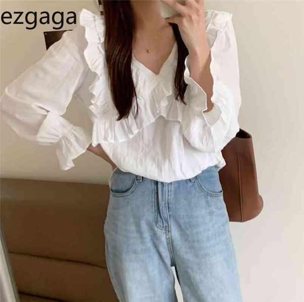 ezgaga elegant shirts women ruffled v-neck long sleeve solid loose all-match spring korean chic female blouse casual 210430, White
ezgaga elegant shirts women ruffled v-neck long sleeve solid loose all-match spring korean chic female blouse casual 210430, White