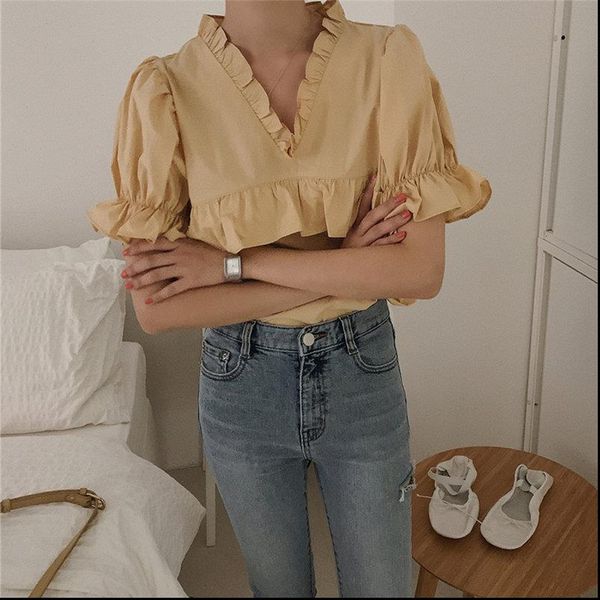 cute gentle summer womens shirt v neck short sleeves ruffles sweet chic solid shirts all match streetwear loose, White
cute gentle summer womens shirt v neck short sleeves ruffles sweet chic solid shirts all match streetwear loose, White