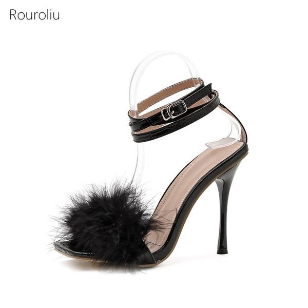 sandals 2021 brand stiletto heel feather women square toe cross strap high heels party shoes black white