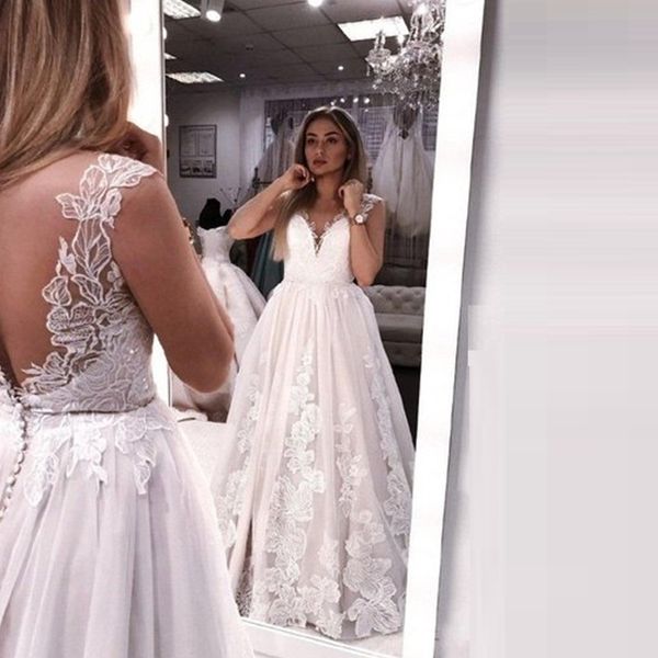 lace appliques sleeveless wedding dresses sweep train simple bridal gown custom made, White
lace appliques sleeveless wedding dresses sweep train simple bridal gown custom made, White