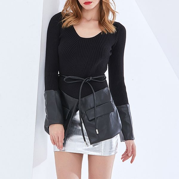 women's blouses & shirts o-neck slim black leather stitching split hem tie simple fashion waist thinner sweater women luxury clothing v, White
women's blouses & shirts o-neck slim black leather stitching split hem tie simple fashion waist thinner sweater women luxury clothing v, White
