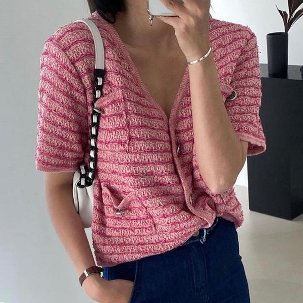 women's knits & tees korean chic french retro v-neck loose hit color striped button pocket short-sleeved sweater women, White
women's knits & tees korean chic french retro v-neck loose hit color striped button pocket short-sleeved sweater women, White