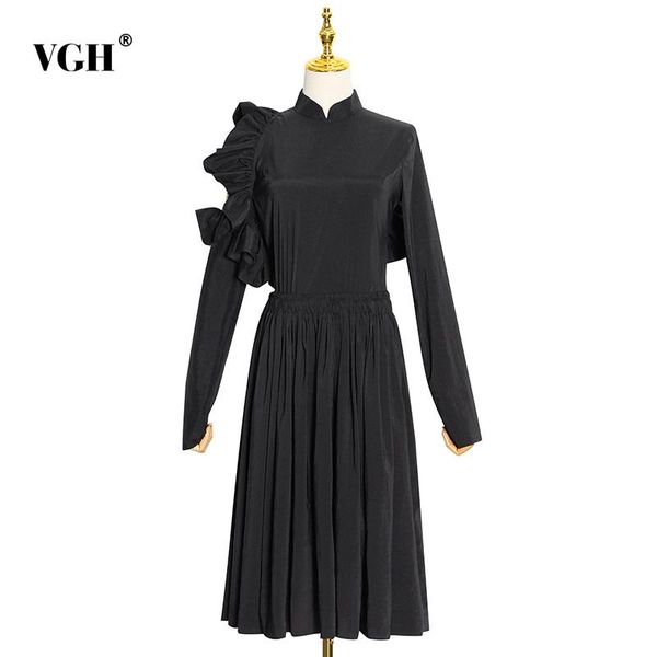 casual dresses vgh asymmetrical patchwork ruffle dress for women turtleneck irregular long sleeve high waist hollow out female 2021, Black;gray 
casual dresses vgh asymmetrical patchwork ruffle dress for women turtleneck irregular long sleeve high waist hollow out female 2021, Black;gray