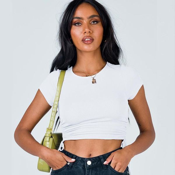 women's t-shirt summer fashion women crop navel short drawstring lace up o-neck sleeve y2k aesthetic e girl tshirt, White
women's t-shirt summer fashion women crop navel short drawstring lace up o-neck sleeve y2k aesthetic e girl tshirt, White