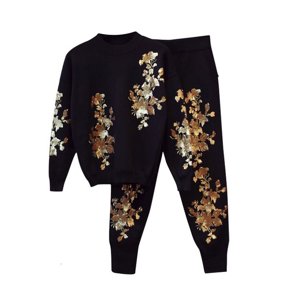 2 piece set women tracksuit knitted gold silver flower sequined s sweater+pant embroidery matching sets, Gray
2 piece set women tracksuit knitted gold silver flower sequined s sweater+pant embroidery matching sets, Gray
