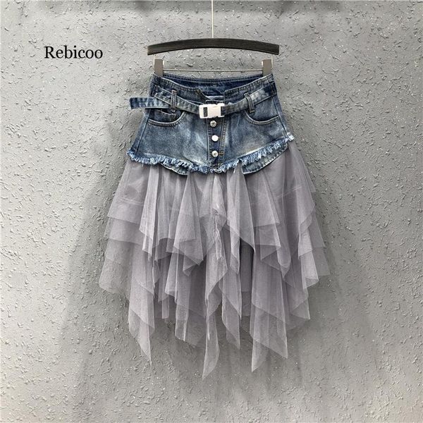 womens irregular tulle jeans skirt pleated high waist denim summer long skirts mesh patchwork tutu mid-calf saias belt, Black
womens irregular tulle jeans skirt pleated high waist denim summer long skirts mesh patchwork tutu mid-calf saias belt, Black