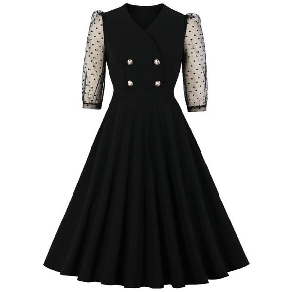 casual dresses vintage polka dots flowy party dress 90s women elegant black skater vestidos, Black;gray 
casual dresses vintage polka dots flowy party dress 90s women elegant black skater vestidos, Black;gray