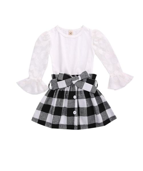 pcs girl's fashionable casual suit, round neck long mesh flared sleeve polka dot pullover, plaid buttoned skirt, daily life skirts, Black
pcs girl's fashionable casual suit, round neck long mesh flared sleeve polka dot pullover, plaid buttoned skirt, daily life skirts, Black