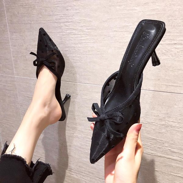 fairy bowknot high-heeled sandals fashion pointed shoes baotou fine gauze wave point with slippers, Black
fairy bowknot high-heeled sandals fashion pointed shoes baotou fine gauze wave point with slippers, Black