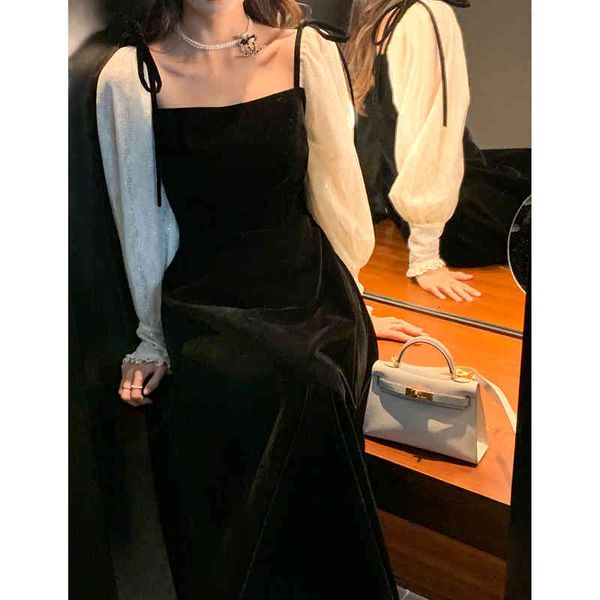 Elegant Dress Woman Palace Style Retro Ins Square Neck Puff Sleeve Stitching Fake Two-piece A-line Black Velvet Dresses, Black;gray 
Elegant Dress Woman Palace Style Retro Ins Square Neck Puff Sleeve Stitching Fake Two-piece A-line Black Velvet Dresses, Black;gray