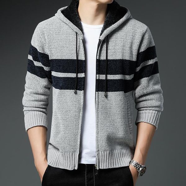 men's sweaters winter trend cardigans casual versatile striped hooded coat with diagonal pockets warm fleece, White;black
men's sweaters winter trend cardigans casual versatile striped hooded coat with diagonal pockets warm fleece, White;black