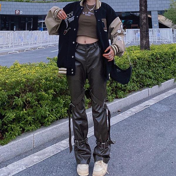 women's pants & capris 2021 street style buckle bandage pu leather y2k punk women high waist solid straight casual trousers streetwear, Black;white
women's pants & capris 2021 street style buckle bandage pu leather y2k punk women high waist solid straight casual trousers streetwear, Black;white