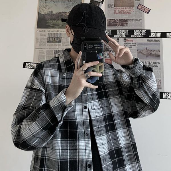 fashion japanese retro polyester wild plaid shirt long sleeve loose casual harajuku oversized button up couple clothing men's shirts, White;black
fashion japanese retro polyester wild plaid shirt long sleeve loose casual harajuku oversized button up couple clothing men's shirts, White;black
