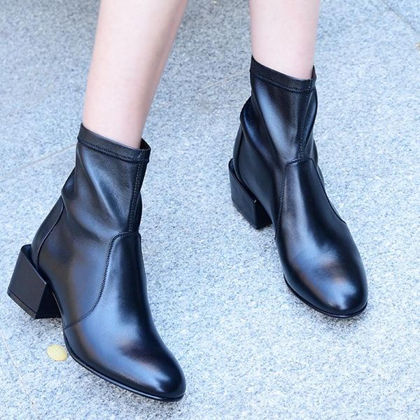 british fashion cube heels ankle boots woman cow leather chunky med heel stretch spring round toe short, Black
british fashion cube heels ankle boots woman cow leather chunky med heel stretch spring round toe short, Black