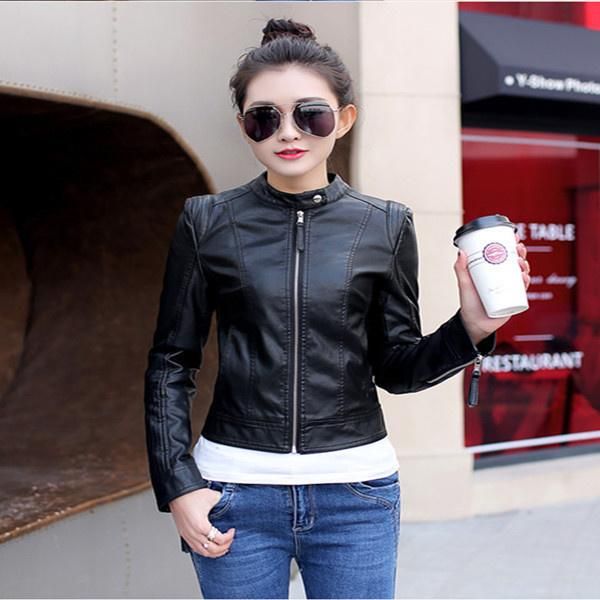 women's leather & faux slim motorcycle jacket korean short pu spring and autumn small coat, Black
women's leather & faux slim motorcycle jacket korean short pu spring and autumn small coat, Black