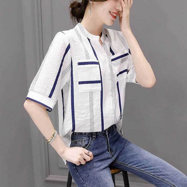 women spring summer style chiffon blouses shirts lady casual half sleeve striped v-neck blusas df1841 210609, White
women spring summer style chiffon blouses shirts lady casual half sleeve striped v-neck blusas df1841 210609, White