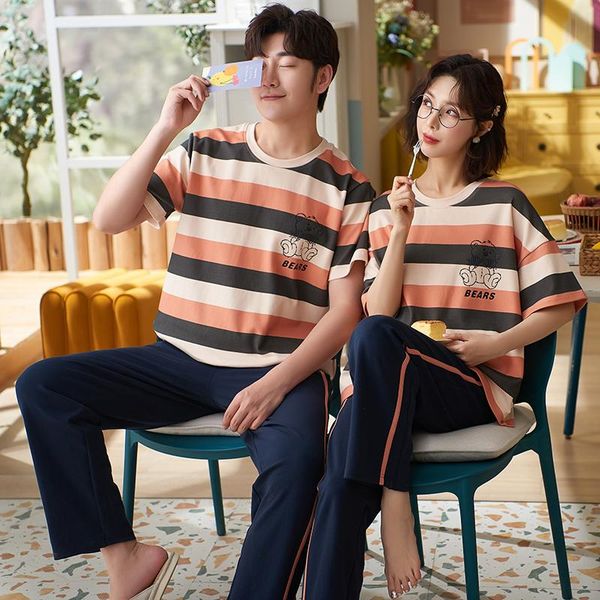 men's sleepwear summer knitted cotton pajamas set women korean fashion striped casual mujer homewear funny cartoon couple night suits, Black;brown
men's sleepwear summer knitted cotton pajamas set women korean fashion striped casual mujer homewear funny cartoon couple night suits, Black;brown