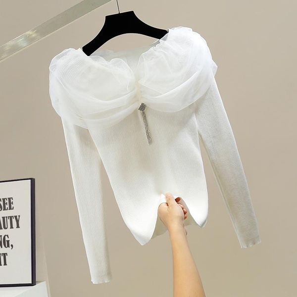 women's sweaters fashion pleated mesh stitching off-neck knit sweater diamond tassels slim-fit knitted shirt girls stretch knitwear, White;black
women's sweaters fashion pleated mesh stitching off-neck knit sweater diamond tassels slim-fit knitted shirt girls stretch knitwear, White;black