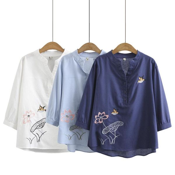 women's blouses & shirts summer women plus size female clothes embroidery cotton line shirt fashion casual oversized middle aged 2021, White
women's blouses & shirts summer women plus size female clothes embroidery cotton line shirt fashion casual oversized middle aged 2021, White