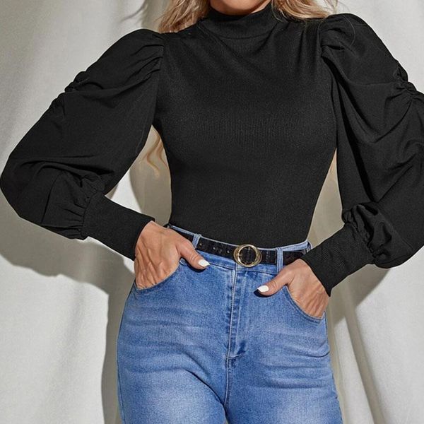 women's t-shirt retro knitted puff sleeve ruched pullover women high collar black elastic long slim elegant fashion, White
women's t-shirt retro knitted puff sleeve ruched pullover women high collar black elastic long slim elegant fashion, White