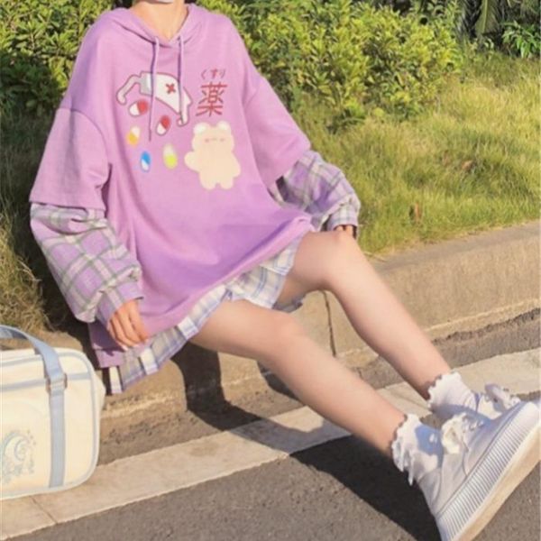 women's hoodies & sweatshirts japanese autumn sweet fake two cartoon print women korean loose plaid long sleeve hooded teen girl pullov, Black
women's hoodies & sweatshirts japanese autumn sweet fake two cartoon print women korean loose plaid long sleeve hooded teen girl pullov, Black
