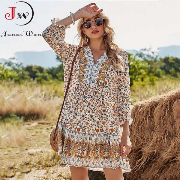 women summer dress v-neck three quarter sleeve loose bohemian floral print elegant vintage mini boho beach robe femme 210510, Black;gray
women summer dress v-neck three quarter sleeve loose bohemian floral print elegant vintage mini boho beach robe femme 210510, Black;gray
