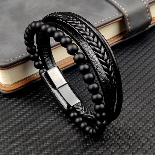 mingao fine stainless steel jewelry multi-layered men's black leather beaded bracelet magnet clasp christmas gift, Golden;silver
mingao fine stainless steel jewelry multi-layered men's black leather beaded bracelet magnet clasp christmas gift, Golden;silver