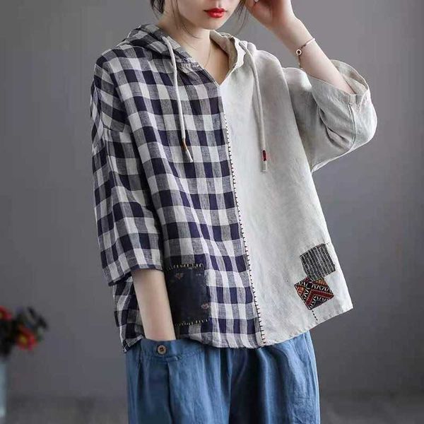 women's t-shirt arrival spring summen women loose casual half sleeve hooded collar t shirt cotton linen plaid patchwork t-shirt w256 93, White
women's t-shirt arrival spring summen women loose casual half sleeve hooded collar t shirt cotton linen plaid patchwork t-shirt w256 93, White