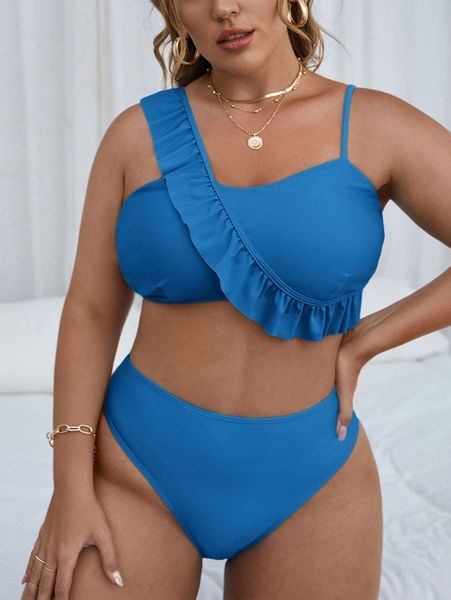 plus plain ruffle trim high waisted bikini swimsuit p4eh#, Black