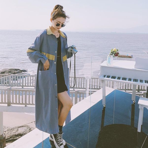 women's trench coats long windbreaker 2021 spring autumn lapel korean loose stitching contrast color drawstring fashion single row coat, Tan;black 
women's trench coats long windbreaker 2021 spring autumn lapel korean loose stitching contrast color drawstring fashion single row coat, Tan;black
