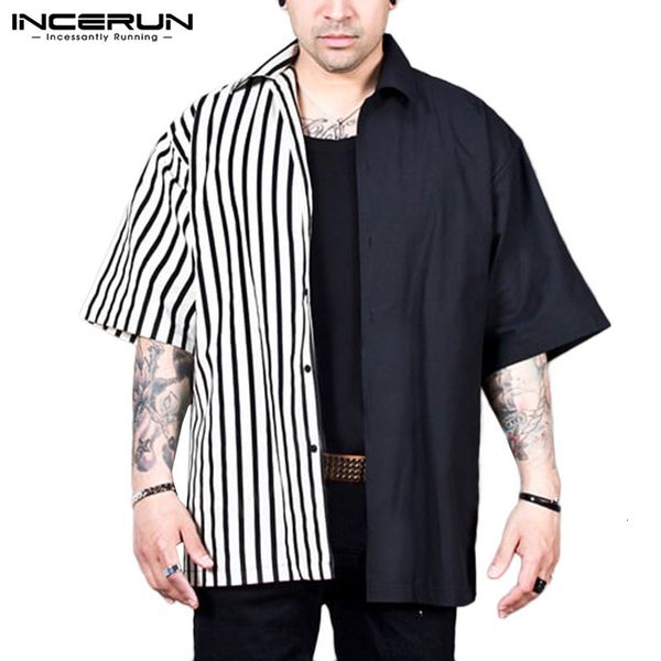 men's casual shirts incerun striped patchwork shirt men short sleeve personality loose button up blouse brand streetwear 5xl 7okm, White;black
men's casual shirts incerun striped patchwork shirt men short sleeve personality loose button up blouse brand streetwear 5xl 7okm, White;black