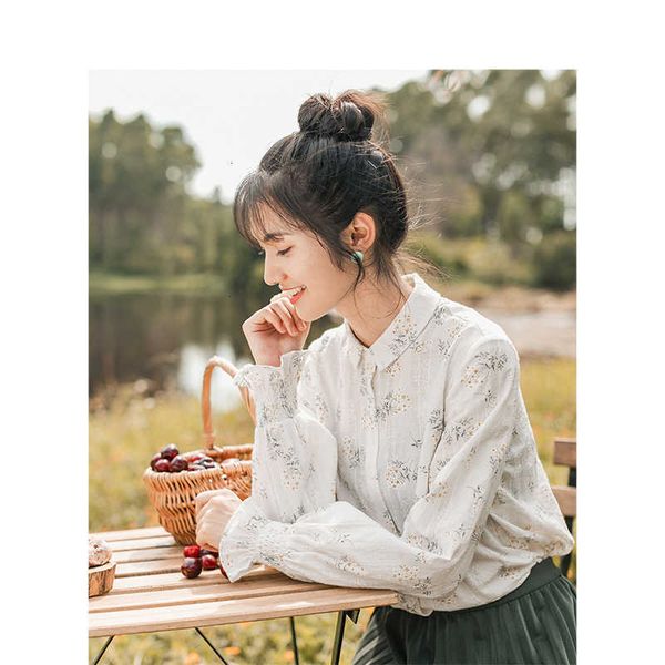 women's blouses & shirts blouses spring autumn young girl embroidery cotton literary all matched minimalism elegant print women blouse, White 
women's blouses & shirts blouses spring autumn young girl embroidery cotton literary all matched minimalism elegant print women blouse, White