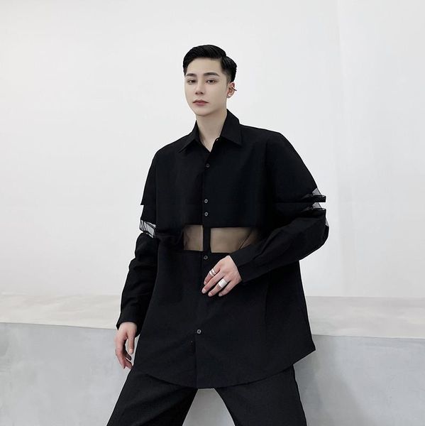 men transparent mesh splice casual long sleeve shirt male women japan streetwear fashion black white couple stage clothing men's shirts, White;black
men transparent mesh splice casual long sleeve shirt male women japan streetwear fashion black white couple stage clothing men's shirts, White;black