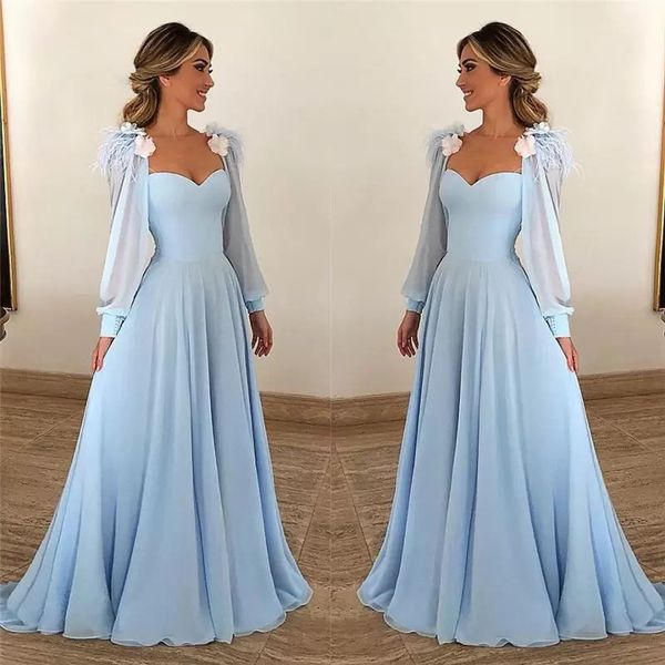 light sky blue prom dresses sweetheart with feather flowers puff long sleeve evening gowns a-line elegant formal party dress vestidos de gal, Black;red
light sky blue prom dresses sweetheart with feather flowers puff long sleeve evening gowns a-line elegant formal party dress vestidos de gal, Black;red